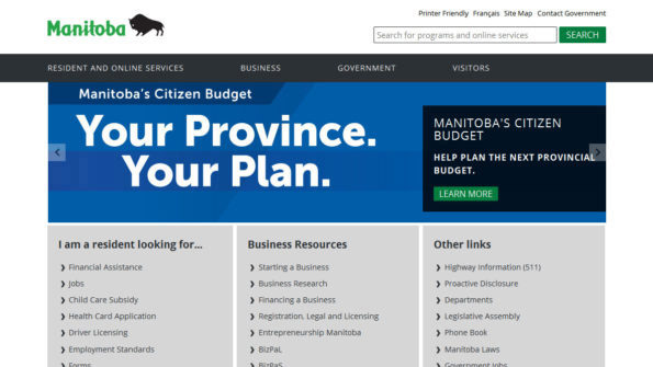 Province of Manitoba government website, desktop view